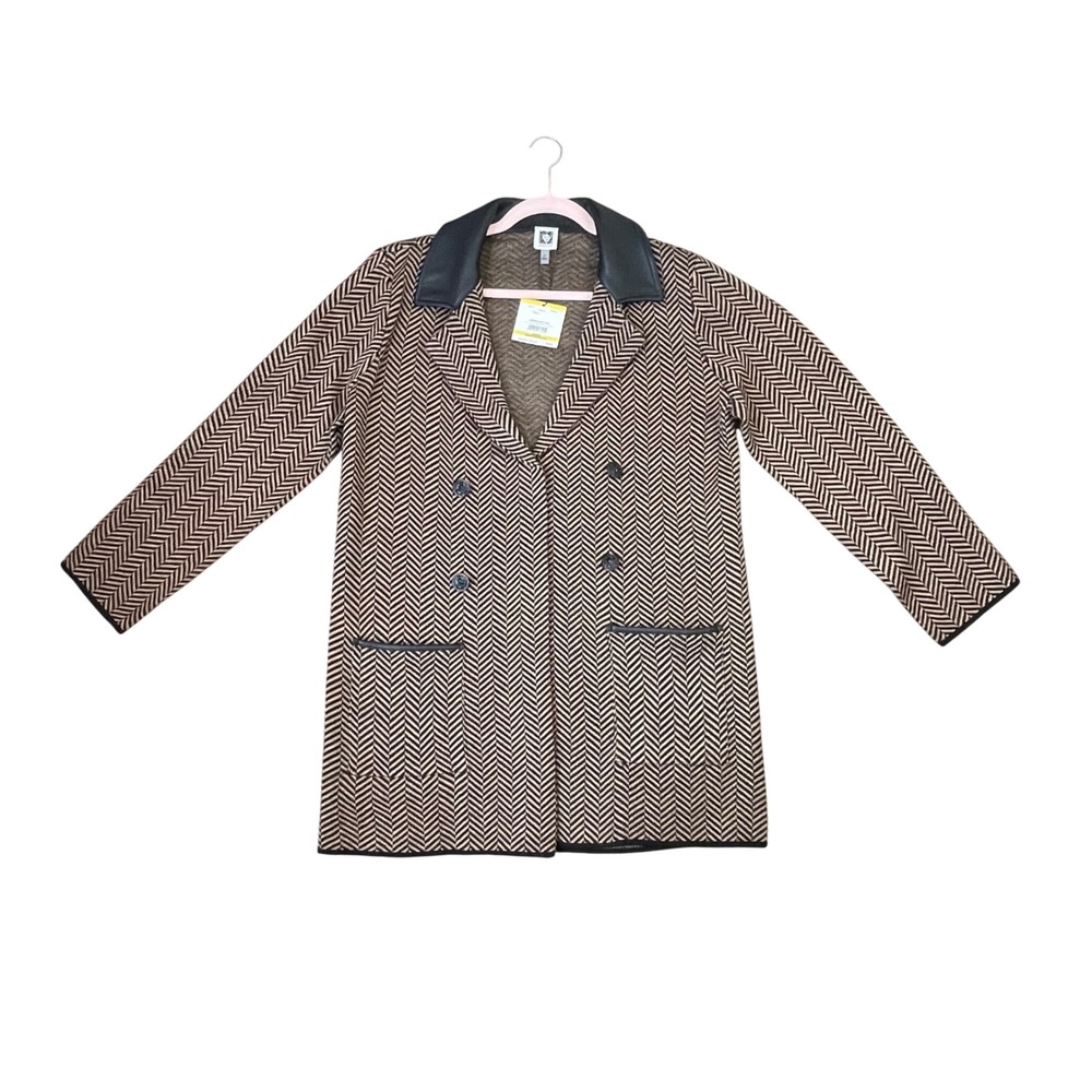 Anne Klein Herringbone Double Breasted Cardigan Coat Faux Leather Collar Tan M